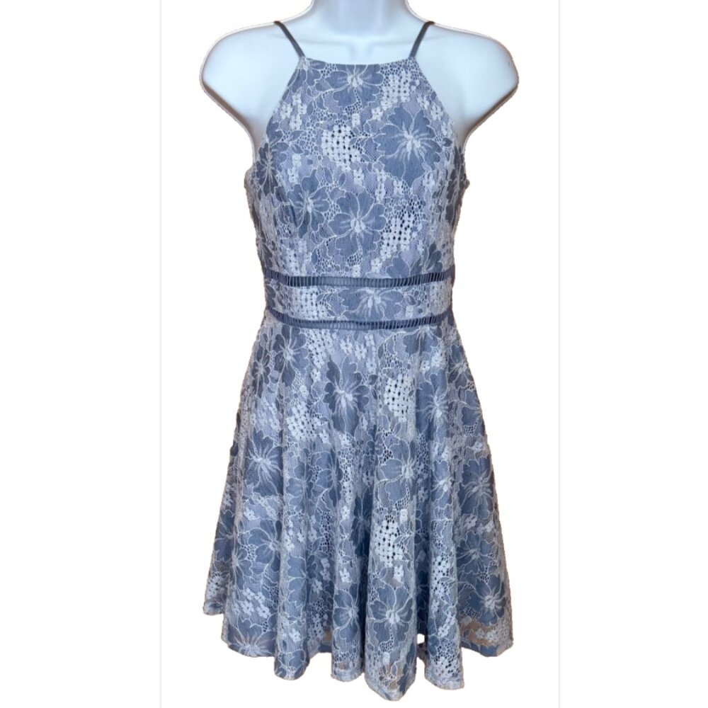 Blue Lace Halter Mini Homecoming Dress Sorority Rush Preference Floral Coquette